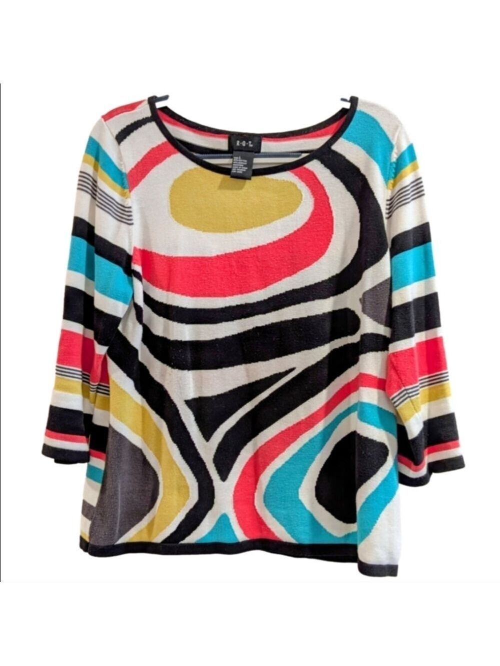 R.Q.T. Cotton Blend Lightweight 3/4 Sleeves Sweater, Abstract Design,Size Large